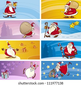 Cartoon Illustration of Greeting Cards with Santa Clauses and Christmas Themes set