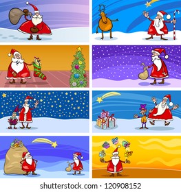 Cartoon Illustration of Greeting Cards with Santa Claus or Papa Noel or Father Christmas and other Holiday Themes Set