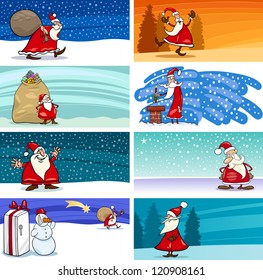 Cartoon Illustration of Greeting Cards with Santa Claus or Papa Noel or Father Christmas and other Holiday Themes Set