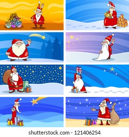 Cartoon Illustration of Greeting Cards with Santa Claus or Papa Noel or Father Christmas and other Holiday Themes Set