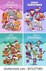 Cartoon illustration of greeting cards set with Christmas holiday characters