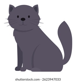 Cartoon illustration of a grey cat sitting calmly with its tail raised