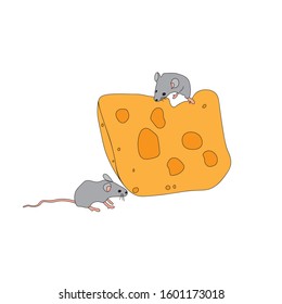 Cartoon illustration grey crises and cheese Hand drawn little mouse 2020 cute animal on isolated background vector