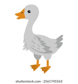 Cartoon illustration of a grey goose standing on its feet in a playful manner