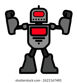 Cartoon Illustration of a Grey Robot with Black Outlines, Red Screen and Details on its Head and Body, Short Arms Raised with Clenched Fists, and Sturdy Legs, Standing on a White Background