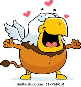 A cartoon illustration of a griffin ready to give a hug.