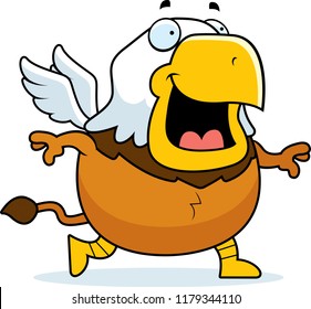 A cartoon illustration of a griffin walking and smiling.
