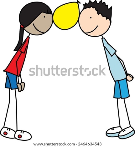 Cartoon illustration of a gril and boy walking while holding a balloon between their heads