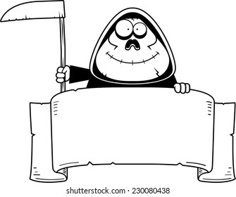 A cartoon illustration of a grim reaper with a banner.