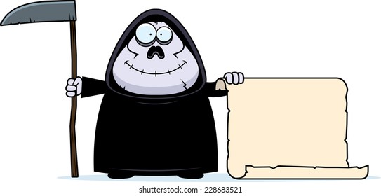 A cartoon illustration of a grim reaper with a sign.