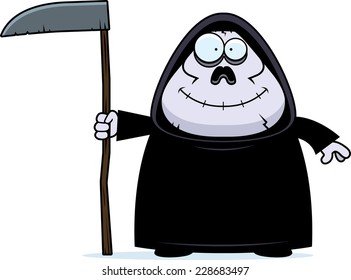 A cartoon illustration of a grim reaper smiling.