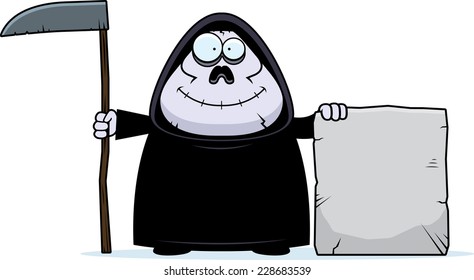 A cartoon illustration of a grim reaper with a tombstone.