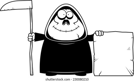 A cartoon illustration of a grim reaper with a tombstone.