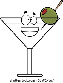 Cartoon illustration of a grinning martini with olive. 