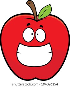 Cartoon illustration of a grinning red apple. 