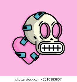 Cartoon Illustration of grinning skull over a bandaged heart. Can be used for birthdays, parties, Valentine Day, celebrations and printed on t-shirts, hoodies, tote bags