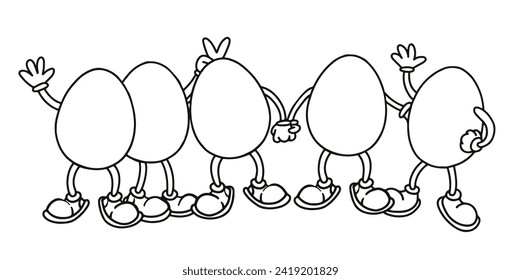 cartoon illustration in groovy, retro style. funny characters easter eggs. rubber house