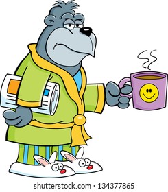 Cartoon illustration of a grouchy gorilla in his bathrobe and holding a coffee cup.