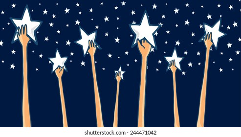 Cartoon Illustration Of Group Of Hands Reaching For The Stars Seeking Success Or Catching Dreams