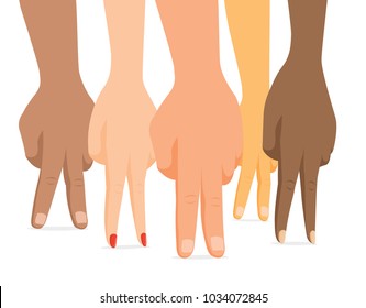 Cartoon illustration of group of hands standing together as team