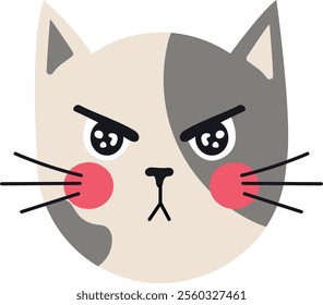 Cartoon illustration of a grumpy cat with furrowed brow and narrowed eyes, conveying anger and displeasure with pink cheeks and gray and white fur