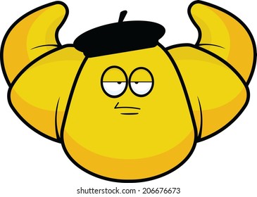 Cartoon illustration of a grumpy croissant with a beret.