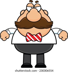 Cartoon illustration of a grumpy man with a big mustache. 