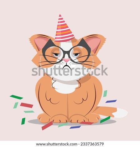 Cartoon illustration of a grumpy old cat with glasses. Cat is annoyed because of the birthday celebration. 