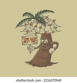 cartoon illustration of grumpy palm tree mascot with retro style