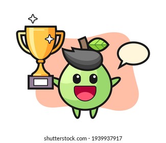 Cartoon illustration of guava is happy holding up the golden trophy