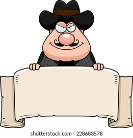 A cartoon illustration of a gunfighter with a banner.