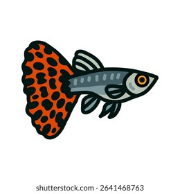 Cartoon illustration of a guppy fish with an orange tail with black spots and a grey body on a white background.