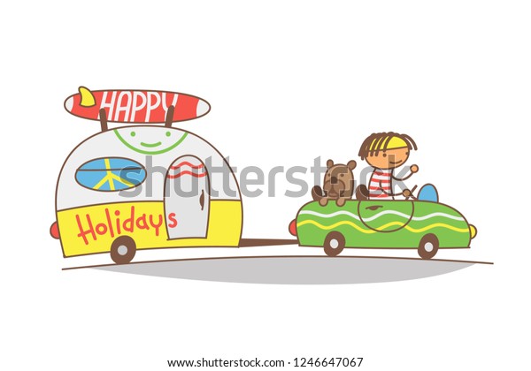 cartoon\
illustration guy, dog, car, trailer, trip,\
surf