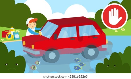 Cartoon illustration of a guy pulling a car out of a river