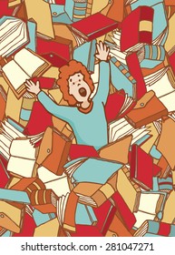 Cartoon illustration of guy reaching for help drowning on books