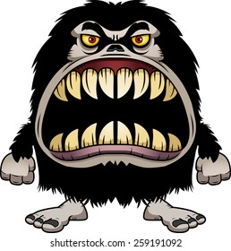 A Cartoon Illustration Of A Hairy Monster With A Big Mouth Full Of Sharp Teeth.