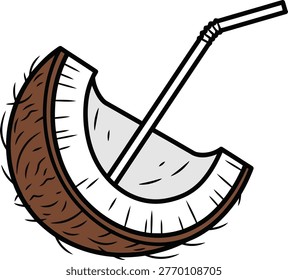A cartoon illustration of a half coconut with a black and white striped straw inserted. The coconut has a brown fibrous exterior and white flesh.