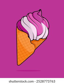 cartoon illustration of half vanilla half strawberry pink flavor in swirl soft ice cream or gelato in waffle cone. can be used for menu, cover, cafe, restaurant, cookbook, ads, print, poster, website