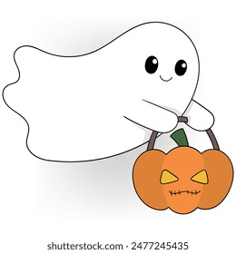 cartoon illustration of a Halloween celebration, a white ghost is flying carrying a pumpkin basket