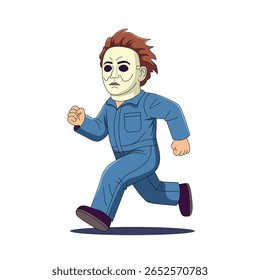 Cartoon illustration of a Halloween character wearing a white mask and blue jumpsuit, running forward. The character is inspired by classic horror movie themes, drawn in a cute and non-violent cartoon