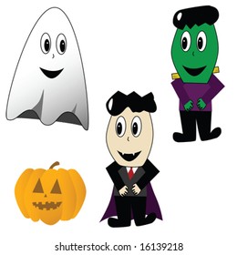 Cartoon illustration of Halloween characters: ghost, vampire, frankestein and jack-o-lantern