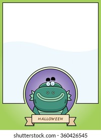 A cartoon illustration of a Halloween graphic with a creature.