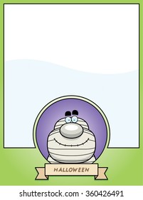A cartoon illustration of a Halloween graphic with a mummy.