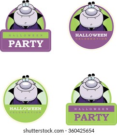 A cartoon illustration of a Halloween graphic with a vampire.