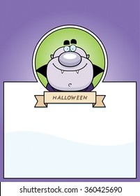 A cartoon illustration of a Halloween graphic with a vampire.