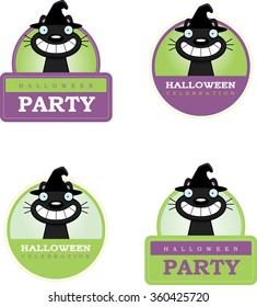 A cartoon illustration of a Halloween graphic with a witch cat.