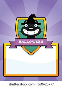 A cartoon illustration of a Halloween graphic with a witch cat.