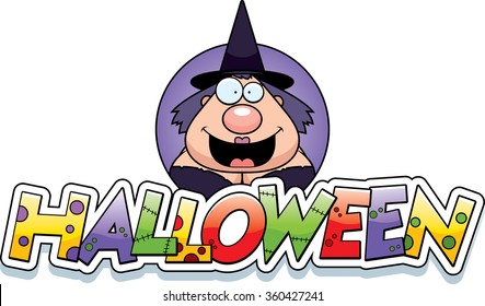 A cartoon illustration of a Halloween graphic with a witch.