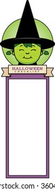 A cartoon illustration of a Halloween graphic with a witch.