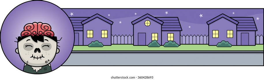 A cartoon illustration of a Halloween graphic with a zombie.